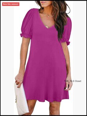 Soft Casual T-Shirt Dress with V-Neck Short Sleeves and Pockets